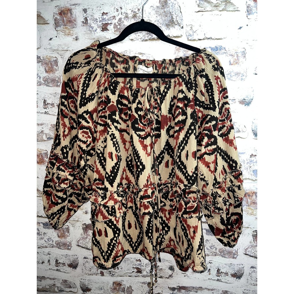 Ralph Lauren Denim and Supply tan, rust, black geometric with ruffle boho blouse